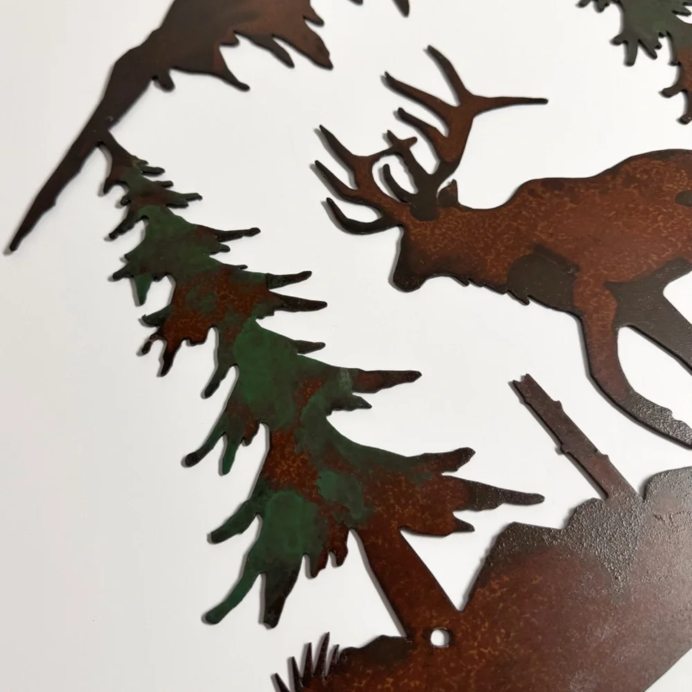Rustic Elk Metal Wall Art with Trees and Mountains Rust-Finished